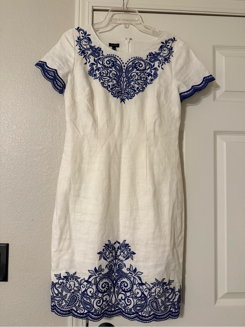 Talbots White Linen Dress with Blue Embroidery